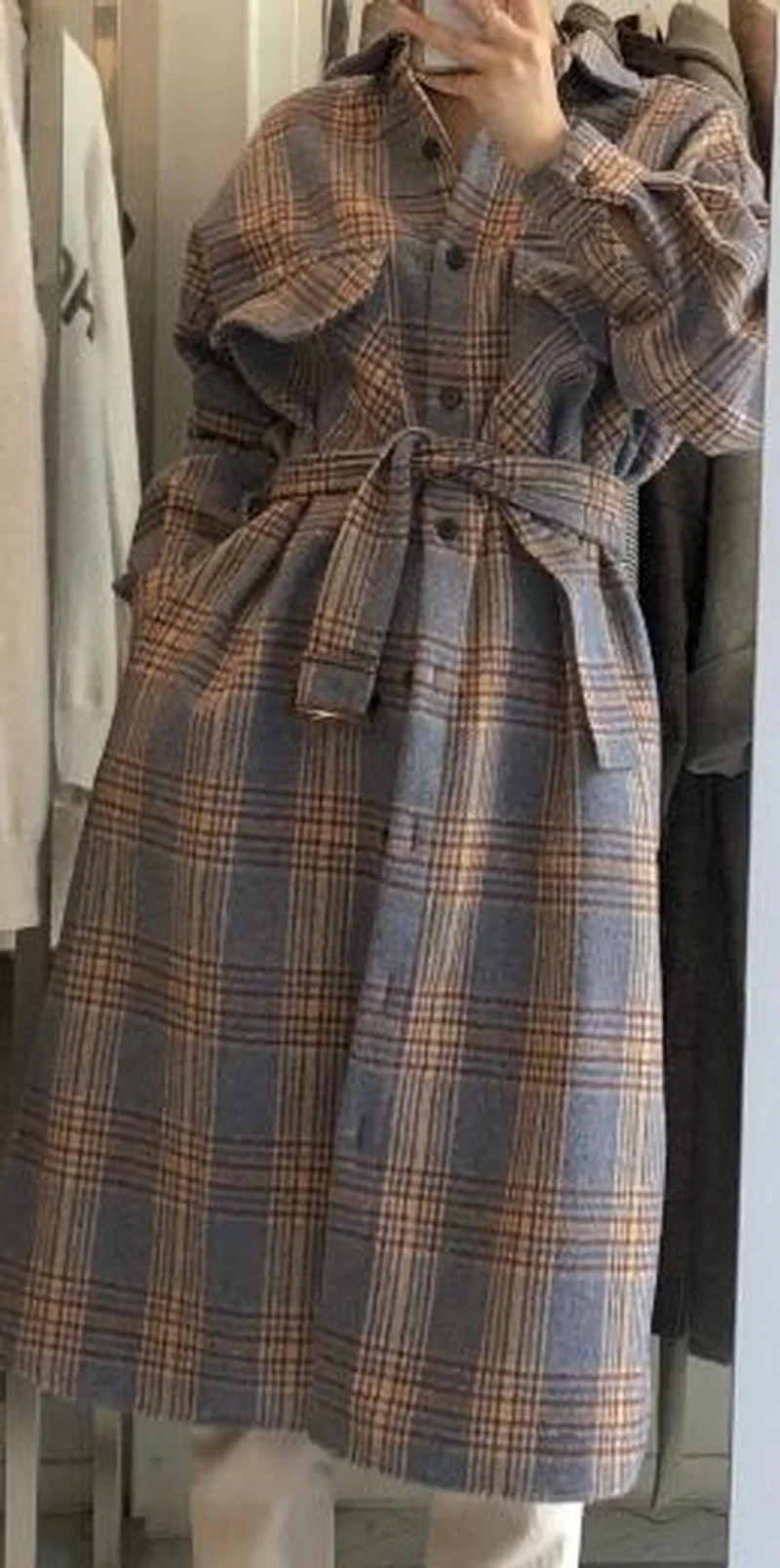 Women Winter Long Elegant Shirt Coat Long Sleeve Plus Size Woolen Plaid Overcoat Long Sleeve Outwear Vintage Autumn Jacket Cloak