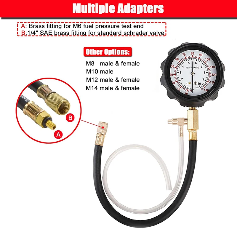 TU-114 Fuel Injector Pressure Gauge Tester Kit Diesel Engine Compression 0-140 PSI Gas Oil Pressure Tools for Car Motorcycle 4