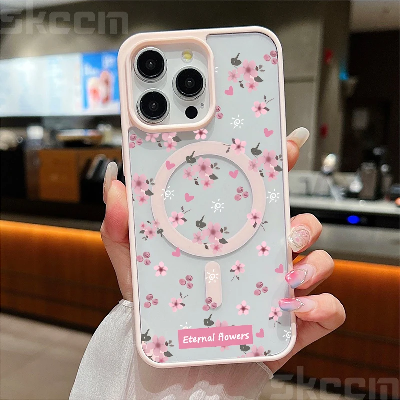 Pink Flower Transparent Shockproof Phone Case with Magnetic Wireless Charging Capability
