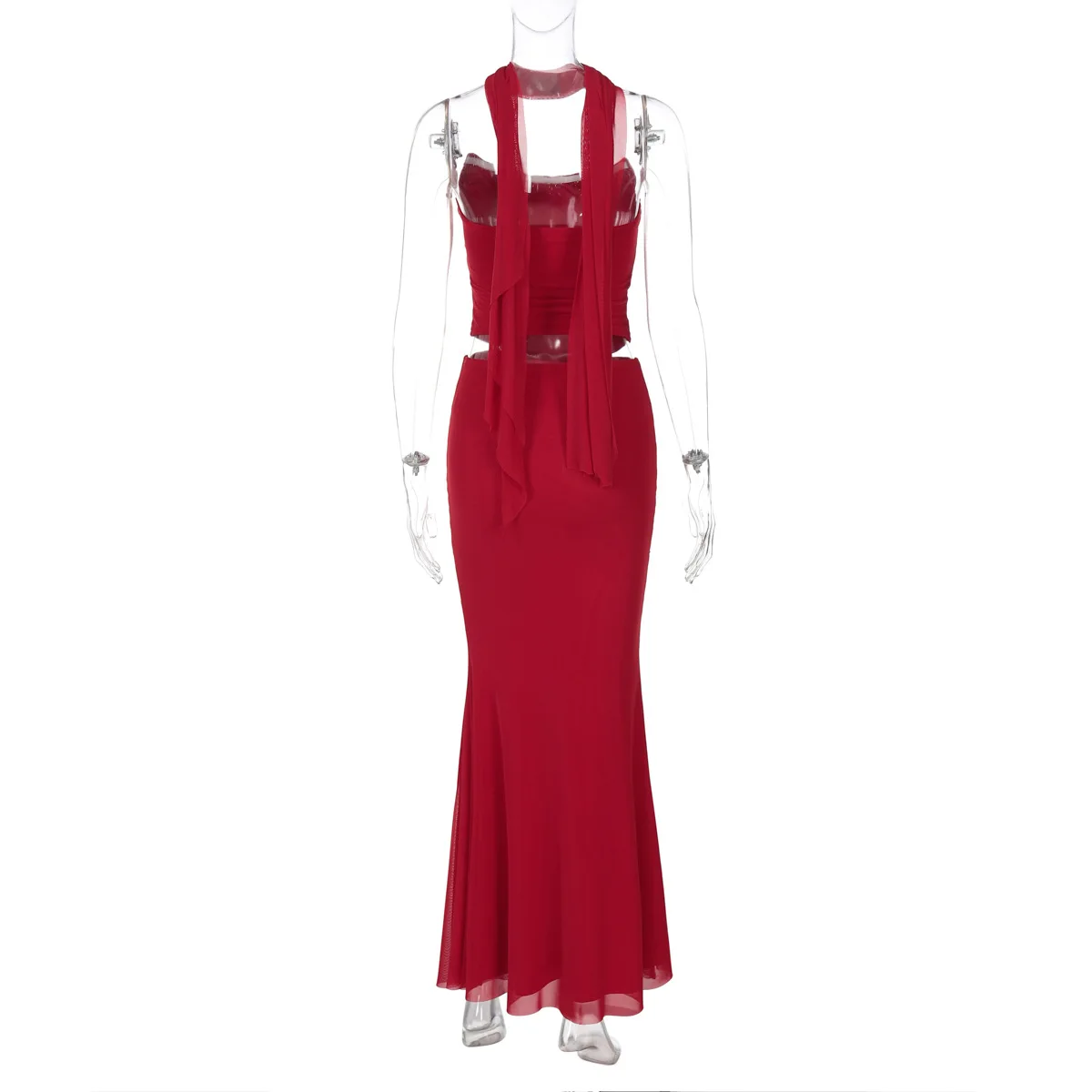 TRAUXY Elegant Two-piece Dress Sets With Scarf Strapless Fishbone Top Long Skirt For Women 2025 Sexy New Slim Party Skirt Set