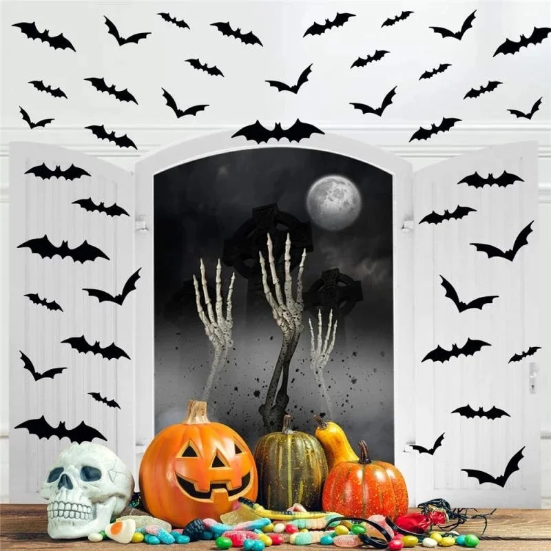 12/24pcs 3D Black PVC Bat Bar Wall Sticker Halloween Party Scary Props Wall Sticker Halloween Party DIY Decor Room Decoration