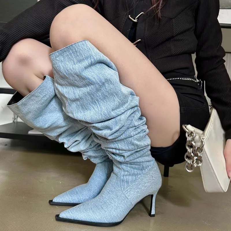 Ladies Over The Knee Modern Long Boots For High Heels Footwear Pointed Toe Denim Women Pumps 2023 Autumn Winter Female Shoes