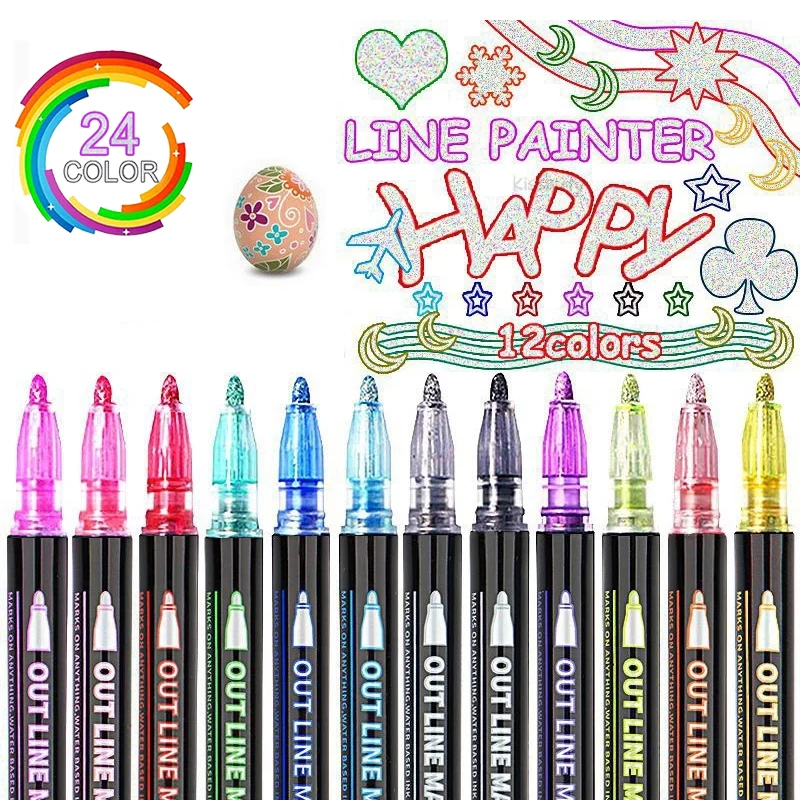 Super Squiggles Outline Markers 24 Colors Outline Marker Set 12 Golden 12  Silver Double Line Outline Pens Markers For Painting - AliExpress