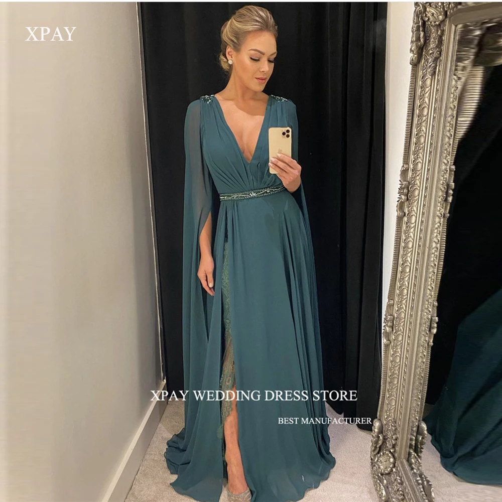 

XPAY Women Vintage Dusty Blue Chiffon Evening Dresses Long Sleeves V Neck Beads Belt Split Mother Formal Prom Gowns Lace