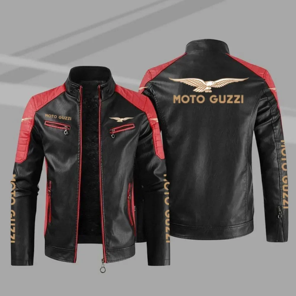 New motorcycle style leather jacket Moto Guzzi color stand collar leather jacket spring and autumn style without velvet jacket 2