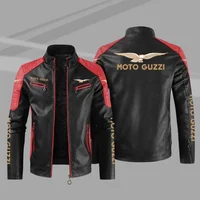 New motorcycle style leather jacket Moto Guzzi color stand collar leather jacket spring and autumn style without velvet jacket 2