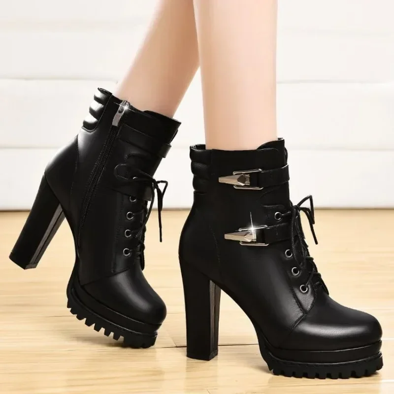 Women Winter Boots Warm High Heels Ankle Retro Chunky Snow