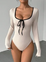 Body Sexy à manches longues pour femmes, col en U, nœud papillon, bloc de couleurs, décontracté, coupe cintrée, tricot côtelé, moulant, Streetwear printemps/automne 4
