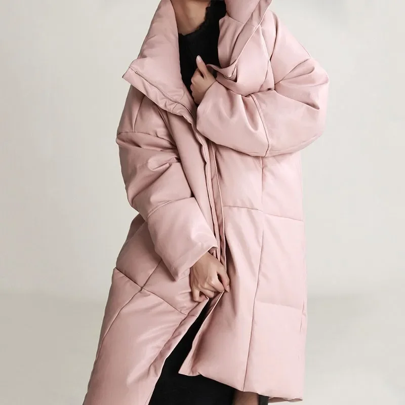 Pink Protein Leather Mid-Length down Jacket Winter Stand Collar Profile Leather Coat Thickened Coat for Women
