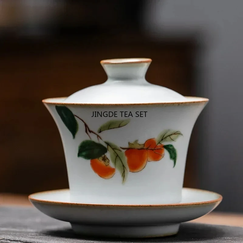 170ml Chinese retro Ru kiln tea cup handmade flower and bird ceramic tea bowl travel portable lid bowl