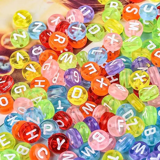 50pcs7mmFlatRoundAlphabetBeadsAcrylicTransparentcolorsLetter