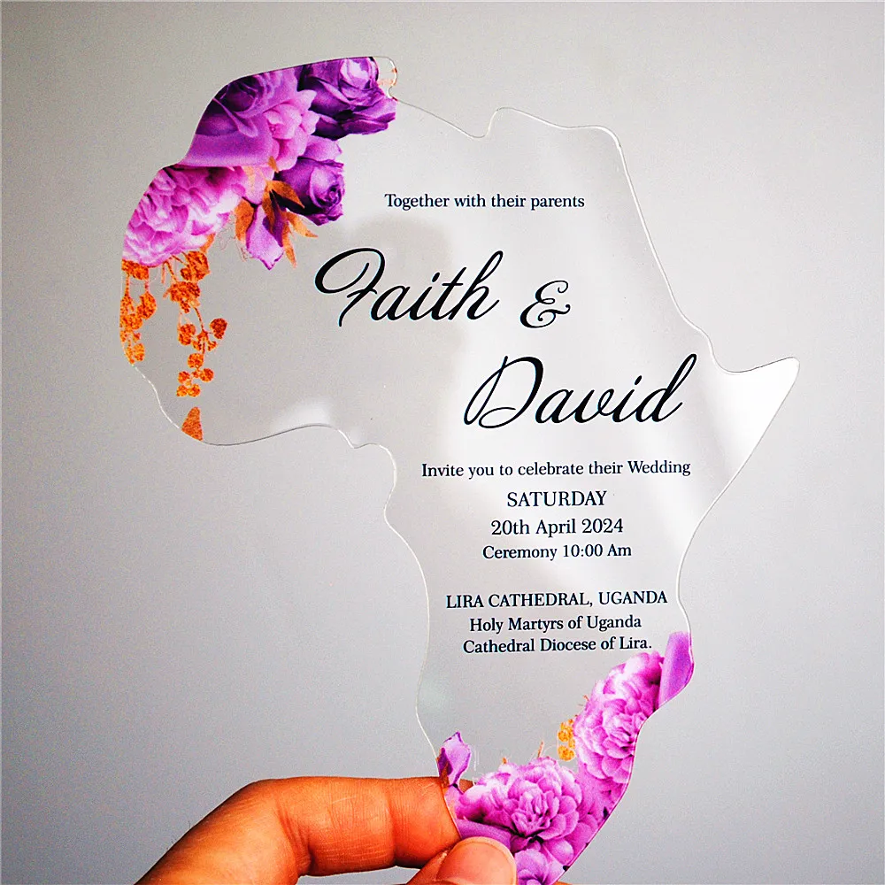 Transparent PVC Wedding Invitation Card, Personalized Printed, Africa Shape, Custom, 10Pcs