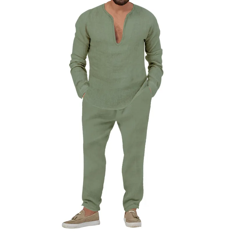 Men's Suit Summer Two-piece Casual Sports Solid Color Long-sleeved Trouser Suit