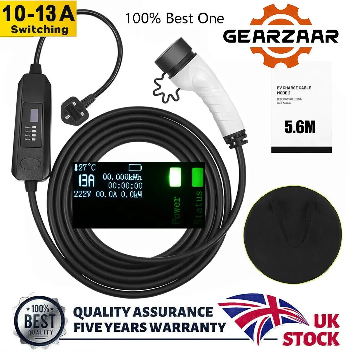 Gearzaar Mobile Ev Cavo Di Ricarica 5.6M Tipo 2 Uk Plug 3 Pin13A Wallbox Per Caricabatteria Da Auto Per Veicoli Elettrici Portatile Con Schermo Lcd