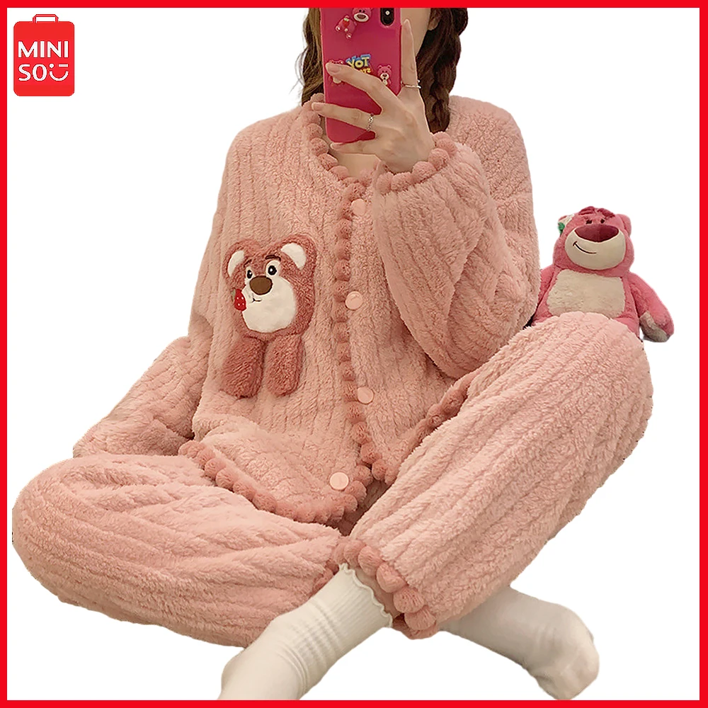 

Miniso Lotso 2023 Autumn Winter Cartoon Casual Pajamas Women Warm Coral Velvet Cardigan Flannel Homewear Winter Set Christmas