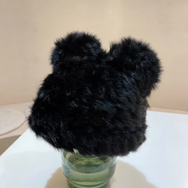 Black bear ears rabbit fur hat cute plush wrap head cap cold warm fur cap Y2k Girls Korean Hats Knitted Hat 5