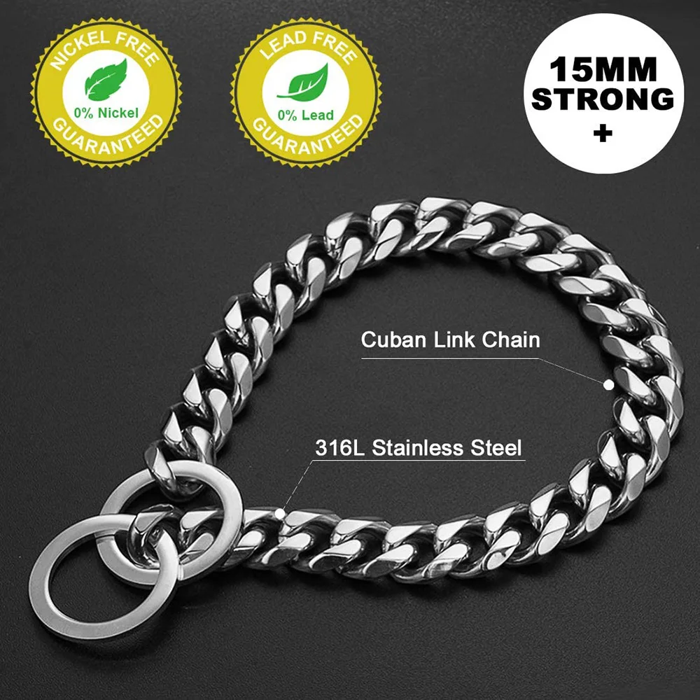 Dog Chain Collar 15MM Width Cuban Link Chain for Dogs Strong Smooth Stainless Steel Metal Pet Training Slip dog collar pet collar