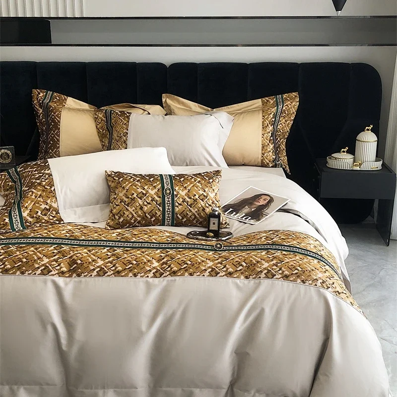 

Solid color embroidered 100 thread long staple cotton satin four piece set of pure cotton jacquard European style duvet cover