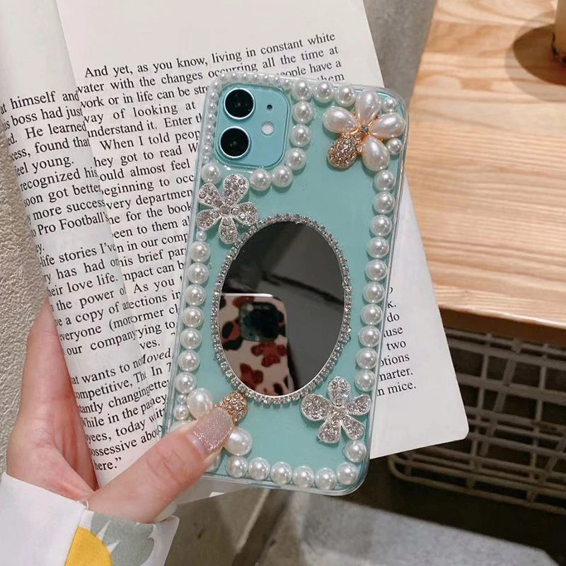 

Glitter Pearl Drops Glue Transparent Pearl Flower Makeup Mirror Phone Case for Huawei P50Pro P40 Mate30 for Honor 9X 50 60Pro