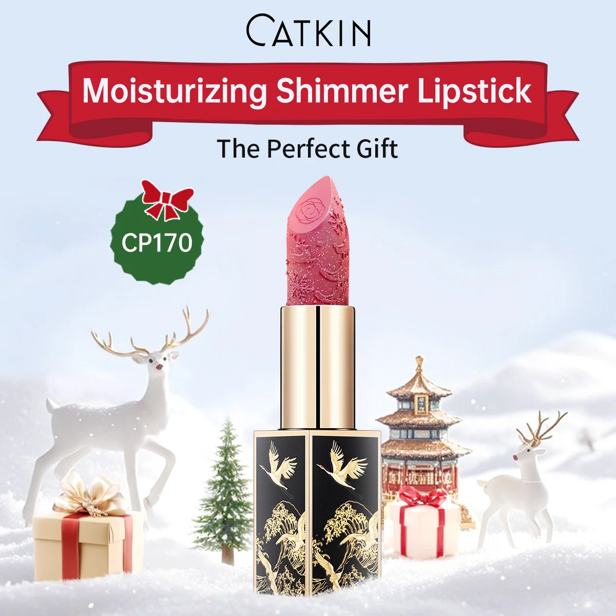 Christmas Limited New Year's Lipstick For Lips CATKIN Moisturizing With Golden Glosses, Tone CP170 Crimson Pink, 3.6 G_voghion.com