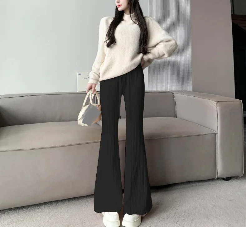 Soft Glutinous Pit Knitted Pants Women's 2023 Autumn/Winter High Waist Slim Wide Leg Pants Loose Relaxed Slim Flare Pants