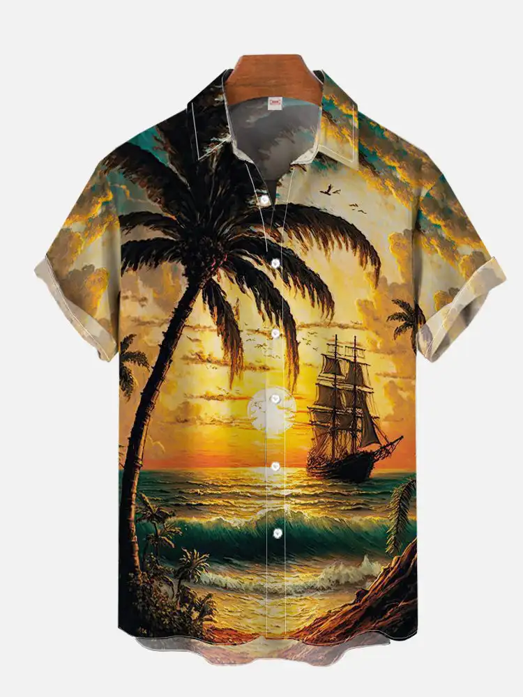 thumbnail image 1 of Camisa hawaiana de manga corta con cuello vuelto, estampado floral tropical Ukiyo-E y samurái japonés, moda 2024, 1 of 5