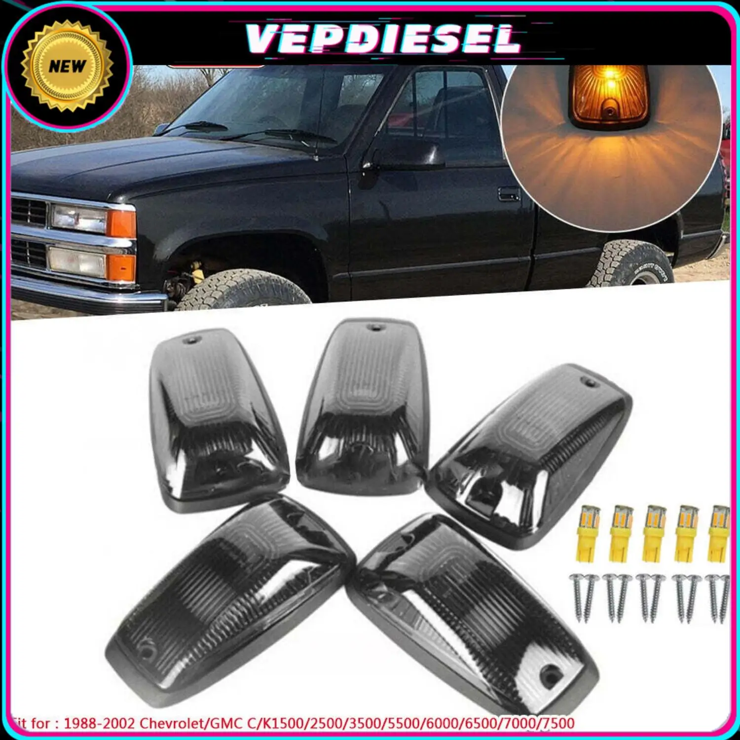 

5pcs New Amber LED Cab Marker Roof Lights For 1988-2002 Chevy GMC C/K 1500 2500 3500 Pickup Trucks Dome Lights