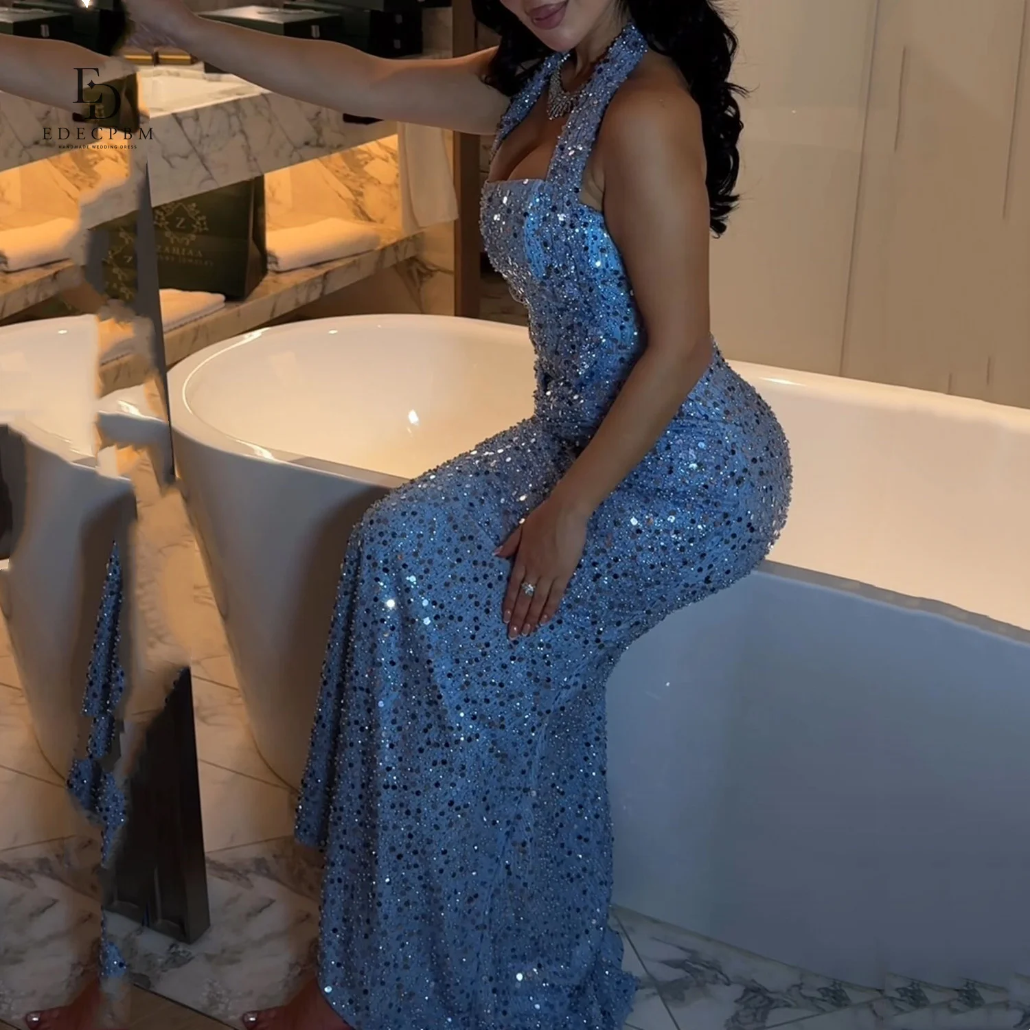 Grey Sequins فساتين السهرة Mermaid Prom Dress Luxury Lace Embroid Trumpet Vestidos De Noche Sexy فساتين مناسبة رسمية