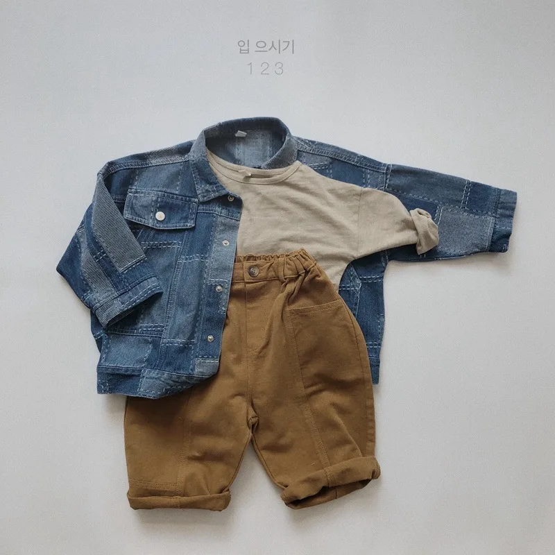 Korean Childrens Boys Denim Jacket Autumn Winter Full Print Retro Plaid Toddler Boys Work Jacket Loose Versatile Kids Coat