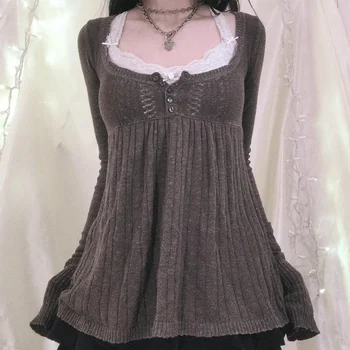 2000s Vintage Long Sleeve Babydoll Knitted Sweater Tops Cottage Milkmaid Pullovers Aesthetic Grunge Y2k Knitwear T-shirts Women