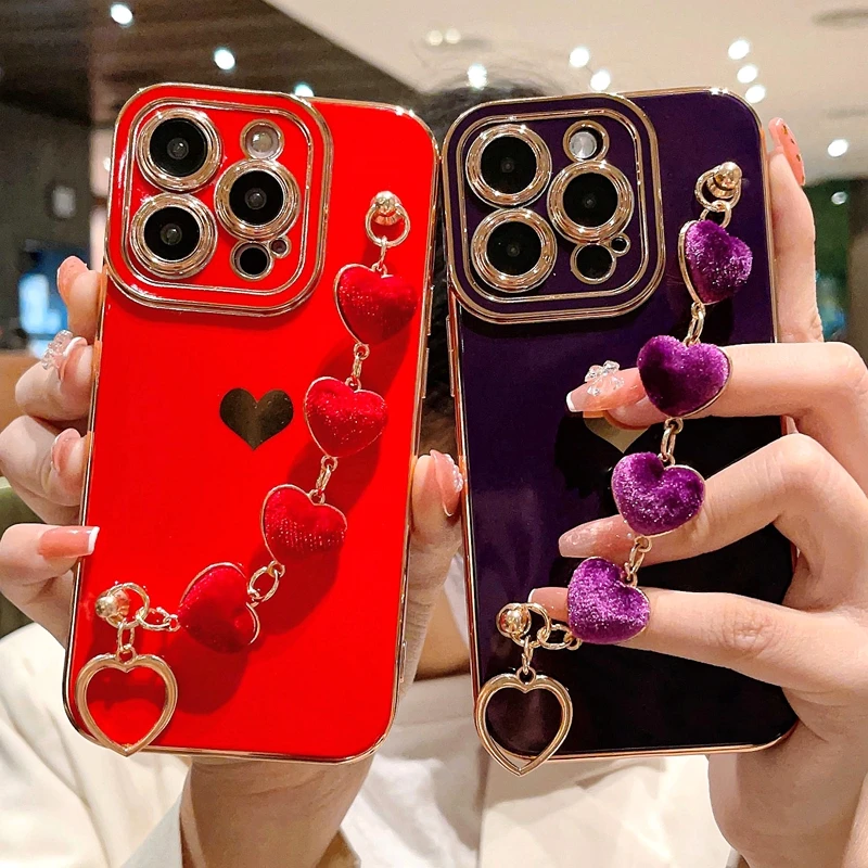 

New Luxury Soft Love Heart Bracelet Phone Case For iPhone 11 12 13 14 15 Pro Max XS X XR 7 8 Plus SE 2020 2022 lint Bumper Cover