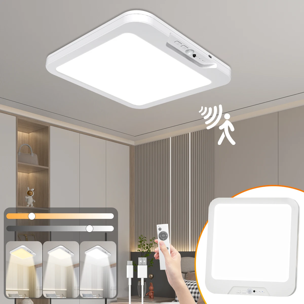 Rechargeable Motion Sensor Ceiling Light with Remote, 3 Color Temperatures, Timer Wireless Mount LED Shower Lighting for Indoor