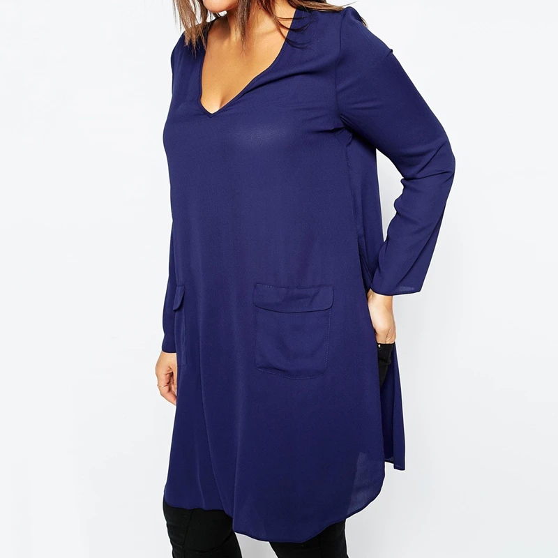 Plus Size Elegant Blouse Women Long Sleeve Sexy V-neck Pocket Summer Spring Casual Blouse Top Split Sides Office Blouse 5XL 6XL