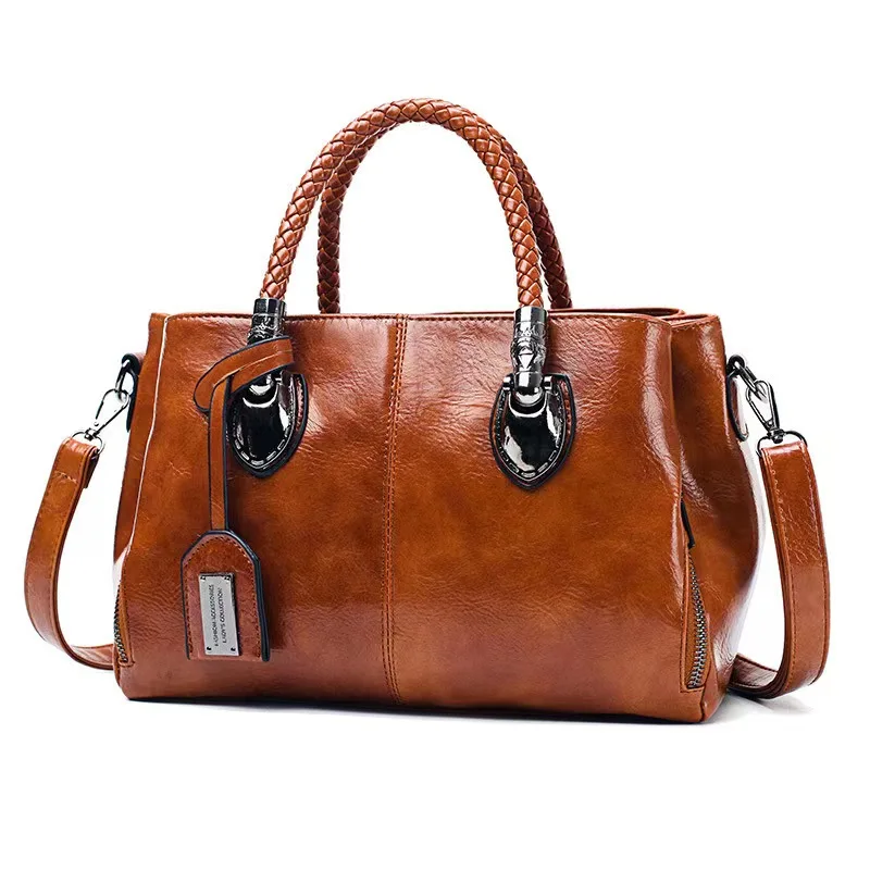 

European and American retro trend fashion oil wax leather bag handbag Boston style simple and versatile cross-body bag tote bag