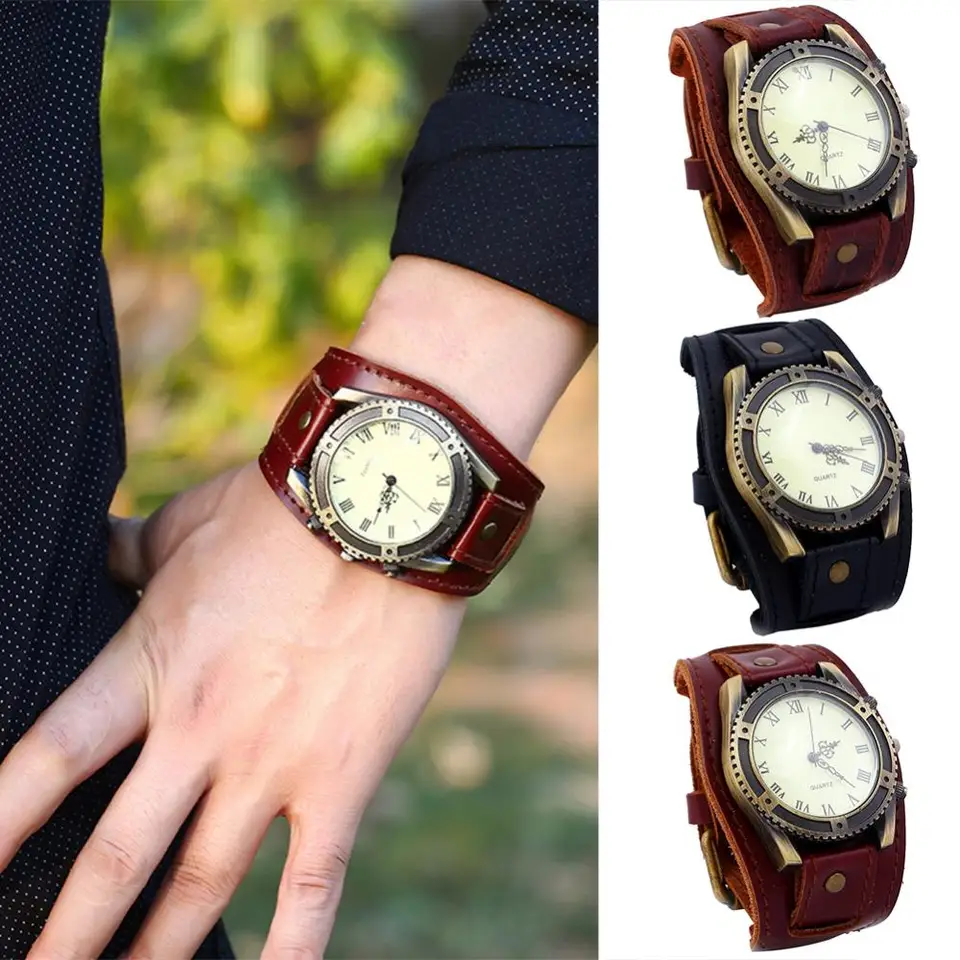 Orologio Polso Largo Punk Orologio Da Polso Uomo In Pelle - Stile
