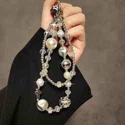 Luxurious Pearl & Crystal Bead Double Chain Phone Wristband (Double Chain)