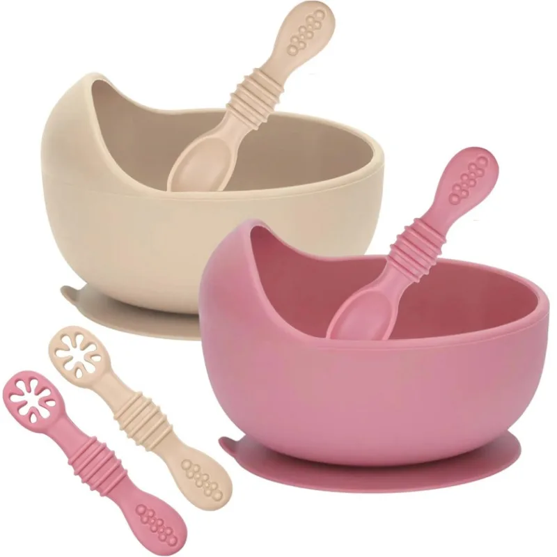 Silicone Baby Bowls Training Spoons Set Baby Suction Bowl and Utensils Toddler Self Feeding Feeding Set 3PCS