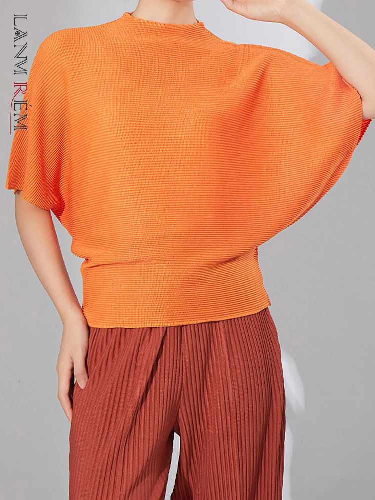 

LANMREM Повседневная однотонная плиссированная футболка для женщин с короткими рукавами и рукавами «летучая мышь», свободные топы, модная новинка 2023, одежда 2AA2716