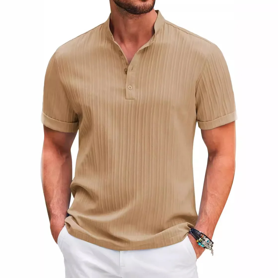 Men's New Summer Trend High-End Striped Casual Short-Sleeved Shirt High Quality Classic Stand Collar Comfortable Fashion sShort- 3
