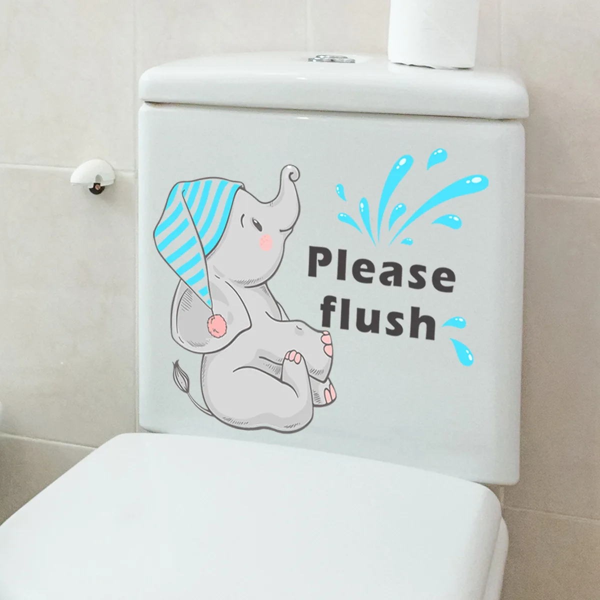 30*30cm English Please Flush Elephant Cartoon Wall Sticker Toilet Sticker Toilet Decorative Living Room Bedroom Wall Sticker