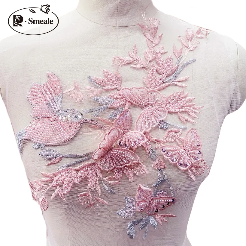 4 Farbe 31*24cm Vogel Schmetterling Zweig 3d Applikation Pailletten Rohr Perle Spitze Patch Kleid Kinder kleidung dekorative Blumen rs4228