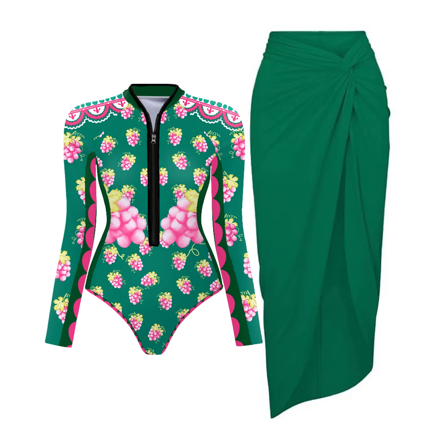 2025 Women’s Retro Printed Swimsuit – Long-Sleeve Slimming Bodysuit with Cover-Up for Surfing and Beachwear Beachwear Swimwear