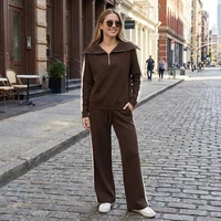 Willshela Women Fashion 2 Piece Set Brown Pullover Sweatshirts & Vintage High Elastic Waist Trousers Feamle Chic Lady Pants Sets - Image 2