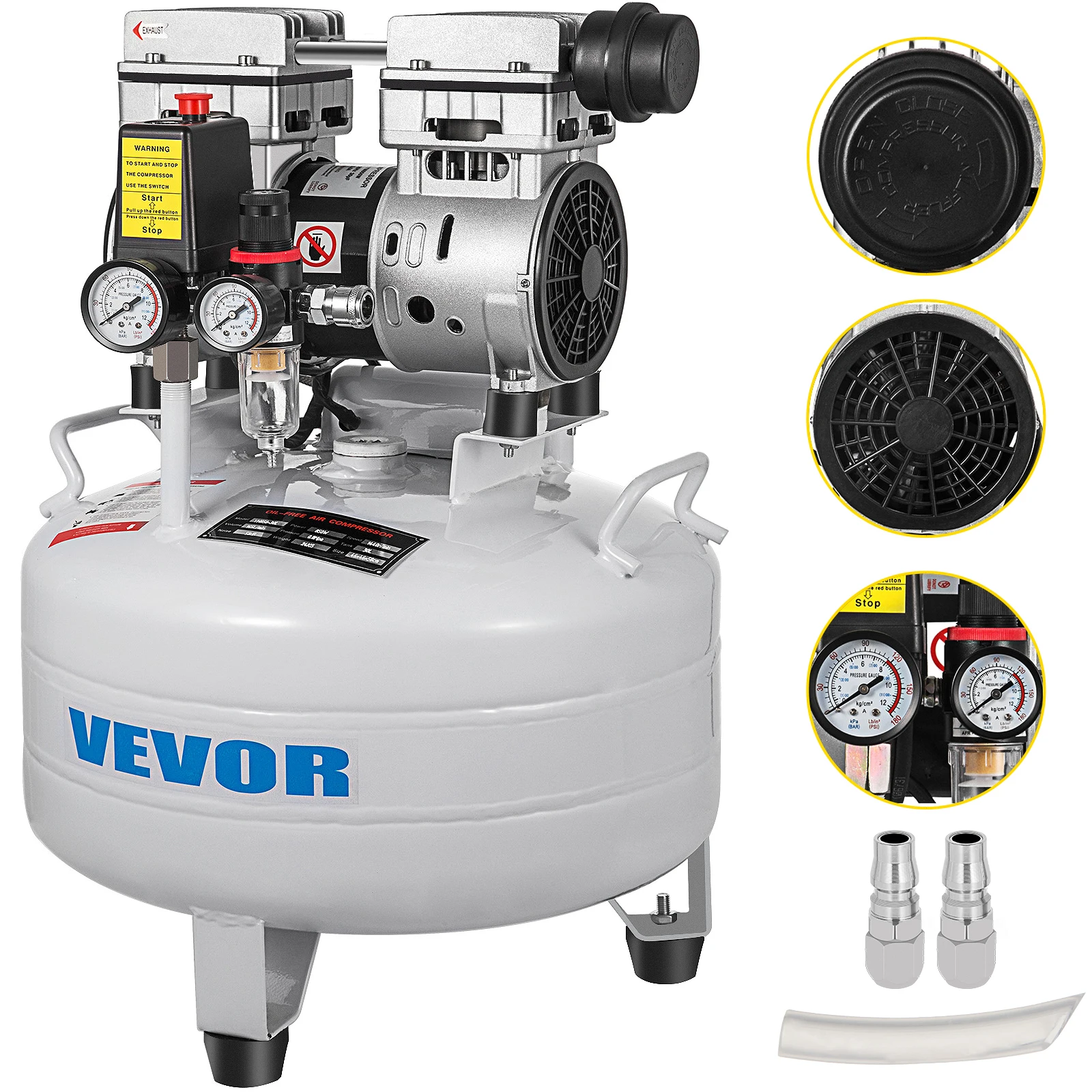Vevor Compressore D'Aria Senza Olio Ultra Silenzioso Da 6,6 Galloni, Compressore Silenziato, Compressore D'Aria 850 W, Rumorosità Meno 48 Db, Compress