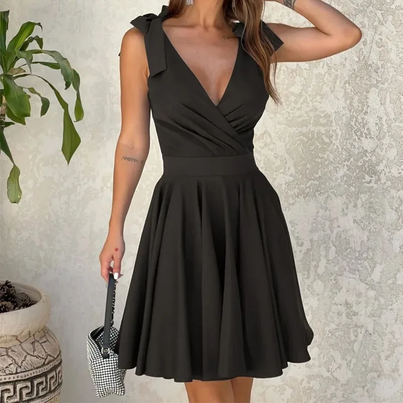 Women's Elegant Black Bow Bandage Dress V-Neck Sleeveless Sexy Party Ruffle Dress Summer New Fashion 9208