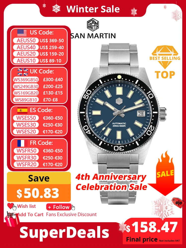 Watchdives San Martin SN007GB Orologio Subacqueo Uomo 39mm, Automatico NH35, 20Bar, Vetro Zaffiro