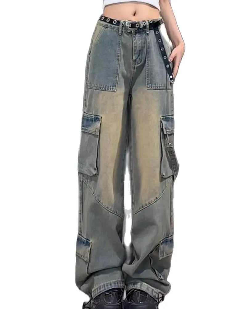 

Leisure Multi Pocket Loose Wide Leg Workwear Denim Pants 2023 Autumn New Fashion Women'S Clothing