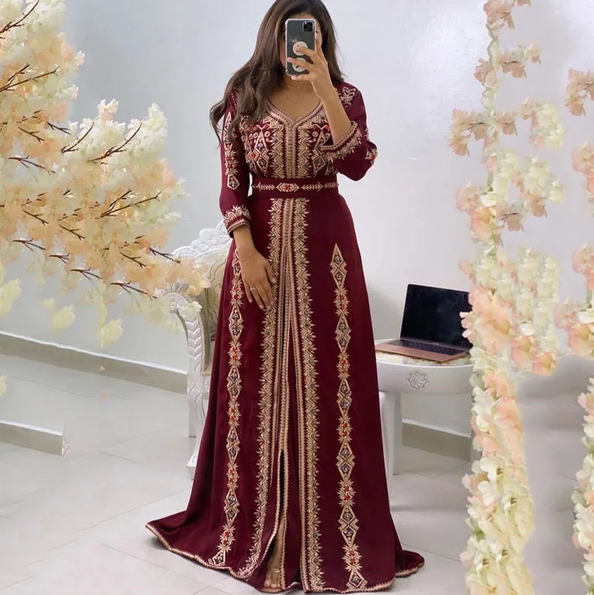 

2024 Burgundy Kaftan Abaya Evening Dress Long Sleeve Islamic Dubai Saudi Prom Gowns Arabic Long Elegant Formal Evening Gown