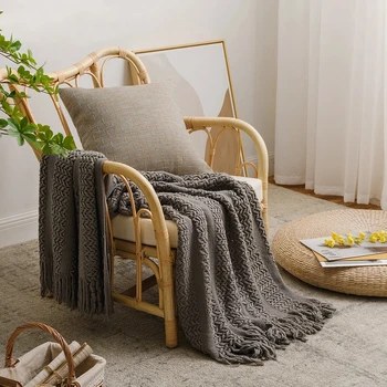 Nordic Crocheted Blanket Travel Blankets Khaki Sofa Bed Throw Blanket Tassels Air Conditioner Blankets Hollow Plaid Drop ship 4