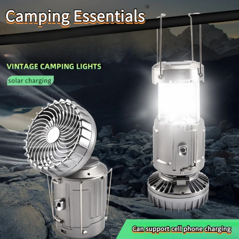 Camping Outdoor Fan Light: Cool Breeze, Bright Lighting, Solar Charging, Lightweight and Portable solar charging bulb power outage emergency night market stall household led super bright energy saving foldable football light a